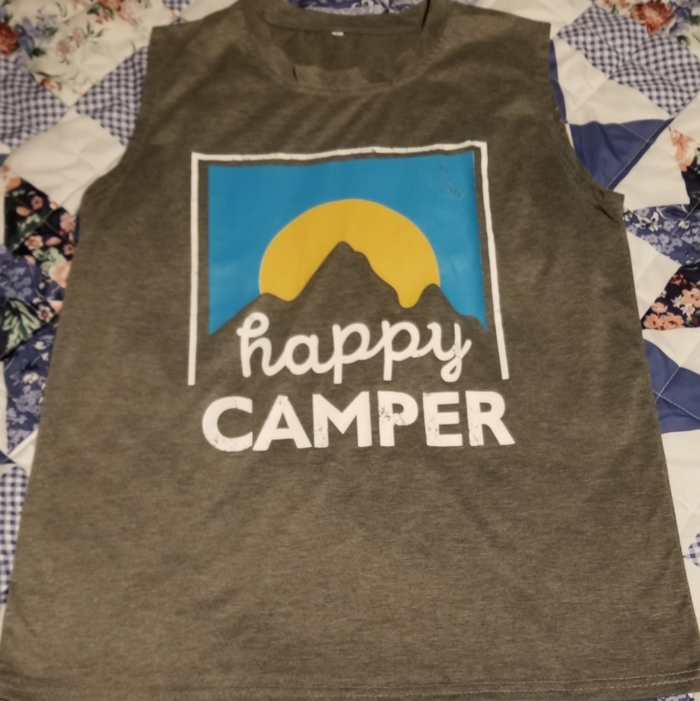 Ladies Happy Camper Gray Tank Top Size M